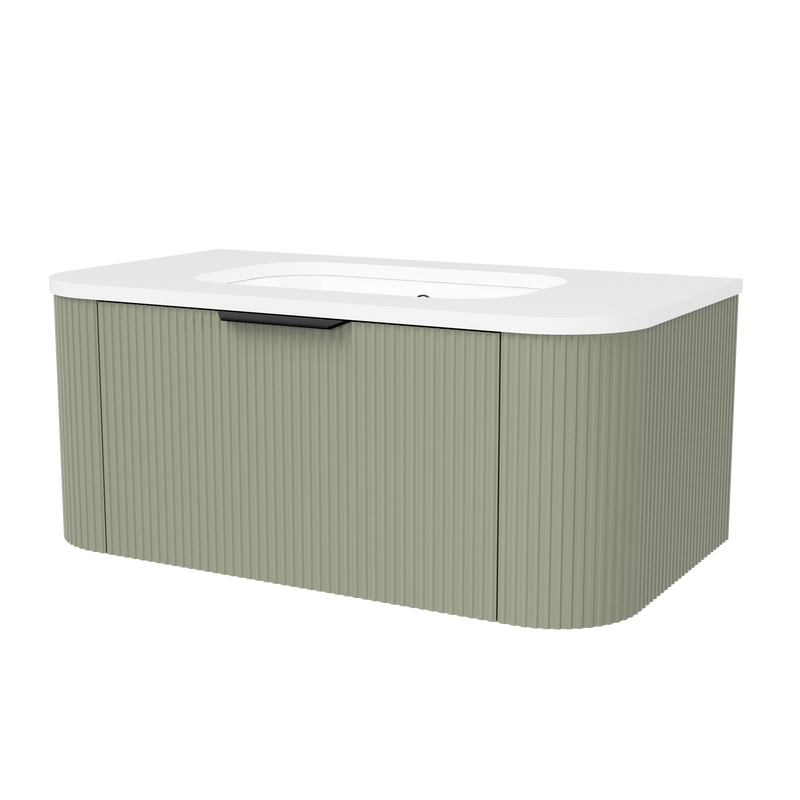 Timberline Adelaide 36" Olive Satin Wall Mount Vanity with Arctic White SilkSurface Top and Black Hardware