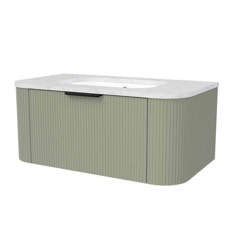 Timberline Adelaide 36" Olive Satin Wall Mount Vanity with Carrara SilkSurface Top and Black Hardware