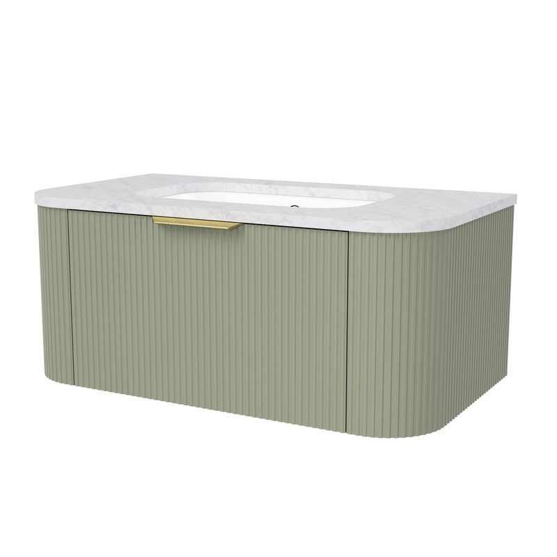 Timberline Adelaide 36" Olive Satin Wall Mount Vanity with Carrara SilkSurface Top and Gold Hardware