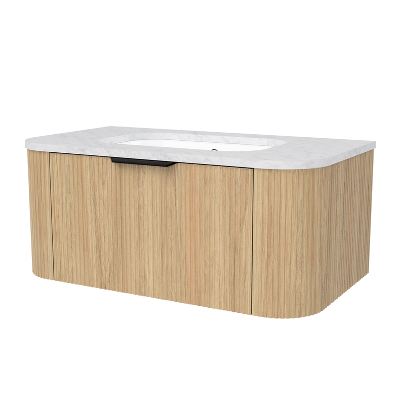 Timberline Adelaide 36" Prime Oak Wall Mount Vanity with Carrara SilkSurface Top and Black Hardware