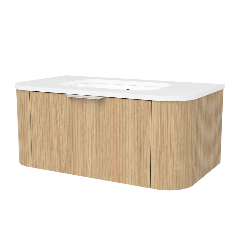 Timberline Adelaide 36" Prime Oak Wall Mount Vanity with Arctic White SilkSurface Top and Brushed Nickel Hardware