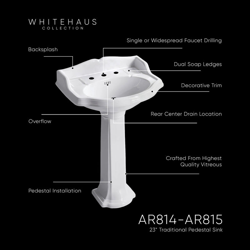 Whitehaus AR814-AR815-1H Isabella 23" Oval Pedestal Bathroom Sink - White