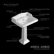 Whitehaus AR834-AR805-1H Isabella 28" Rectangular Pedestal Bathroom Sink - White