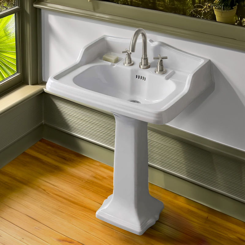 Whitehaus AR834-AR805-3H Isabella 28" Rectangular Pedestal Bathroom Sink - White
