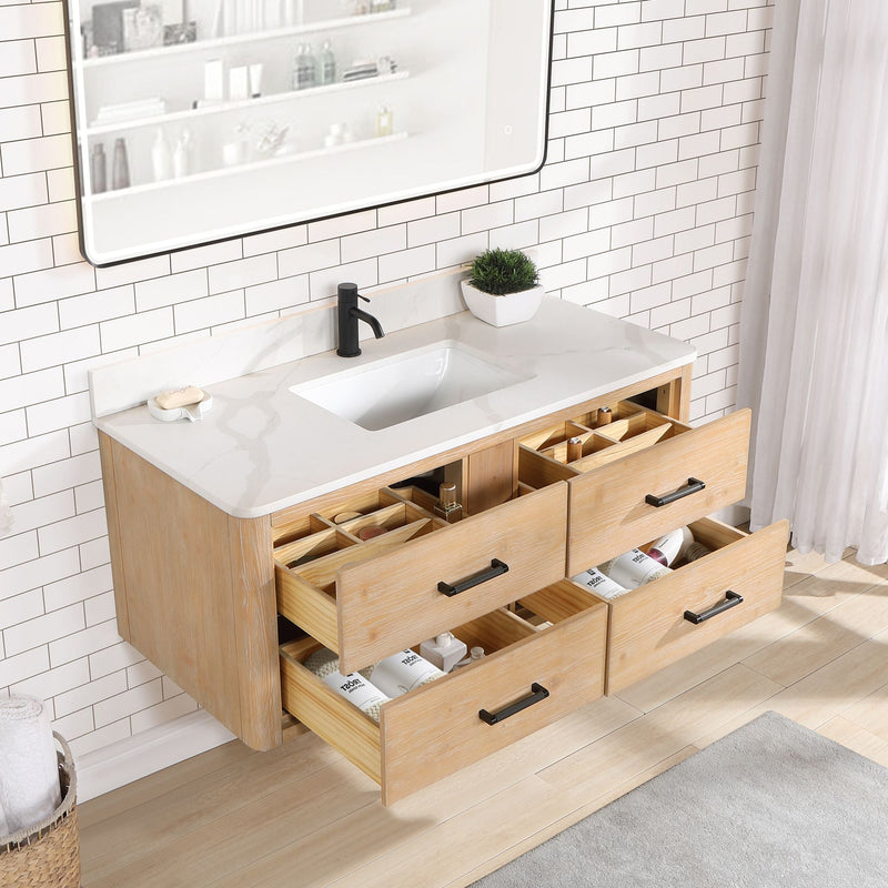 Vinnova 706648-FN-BK Cristo 48" Floating Single Bath Vanity in Fir Wood Brown with Fish Maw White Quartz Stone Top