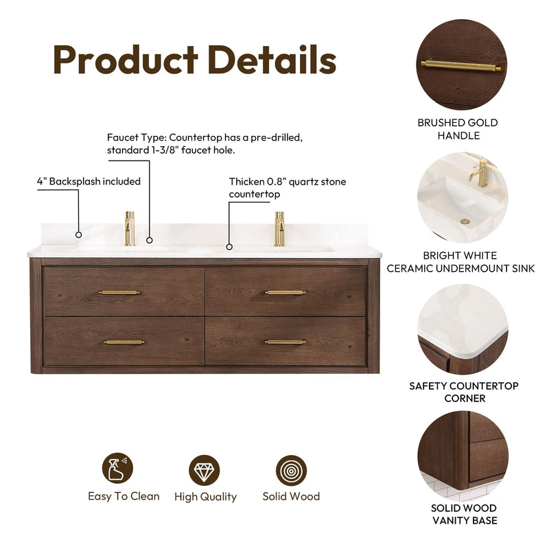 Vinnova 706660M-AD-BK Cristo 60M" Floating Double Bath Vanity in Aged Dark Brown Oak with Fish Maw White Quartz Stone Top - view 7