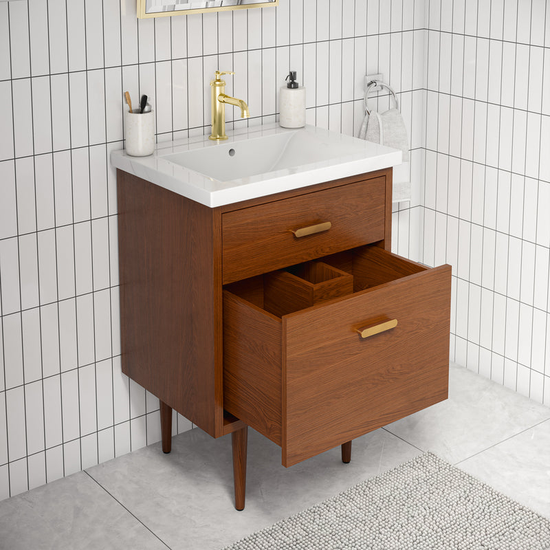 BD24CR06HW - Brandy 24 In. Single Integrated Rectangular Ceramic Sink Mid-Century Style Bathroom Vanity