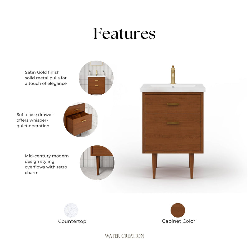 BD24CR06HW - Brandy 24 In. Single Integrated Rectangular Ceramic Sink Mid-Century Style Bathroom Vanity