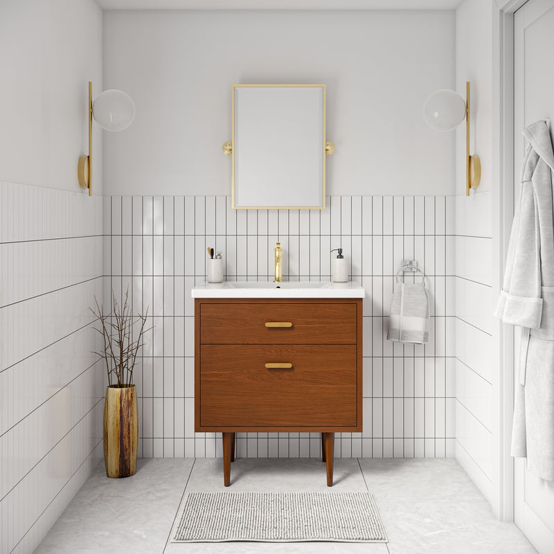 BD30CR06HW - Brandy 30 In. Single Integrated Rectangular Ceramic Sink Mid-Century Style Bathroom Vanity