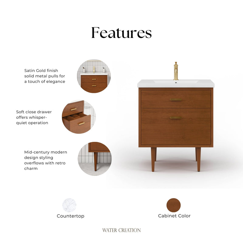 BD30CR06HW - Brandy 30 In. Single Integrated Rectangular Ceramic Sink Mid-Century Style Bathroom Vanity