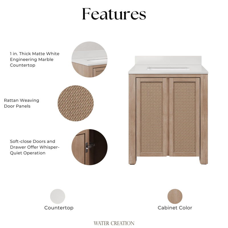 BE30EM00TL - Belmont 30 In. Single Sink Pre-Assembled Transitional Style Bathroom Vanity With 1" White Engineered Marble Countertop