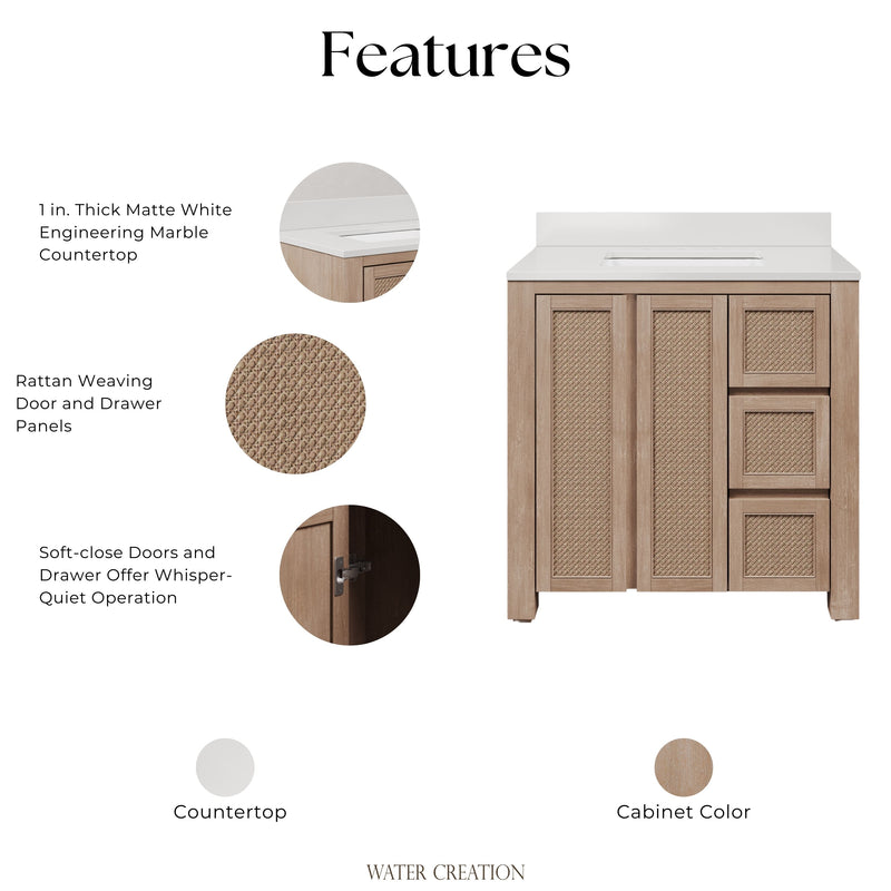 BE36EM00TL - Belmont 36 In. Single Sink Pre-Assembled Transitional Style Bathroom Vanity With 1" White Engineered Marble Countertop
