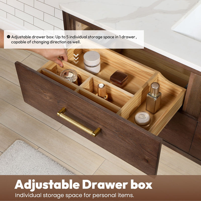 Vinnova 706648-AD-BK Cristo 48" Floating Single Bath Vanity in Aged Dark Brown Oak with Fish Maw White Quartz Stone Top
