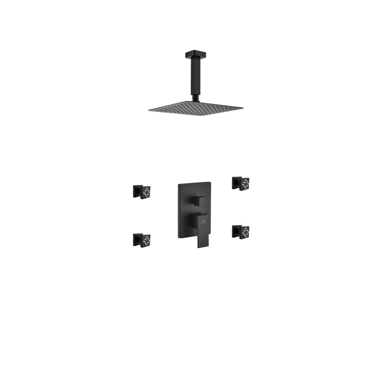 Kube Bath BK-CR2004J2V Aqua Piazza Matte Black Shower Set with 8" Ceiling Mount Square Rain Shower and 4 Body Jets