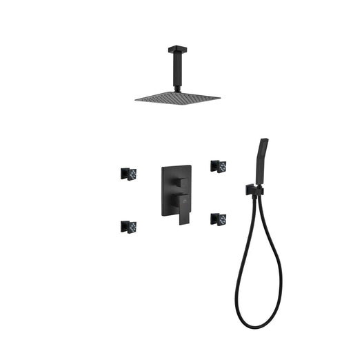 Kube Bath BK-CR2004JHH3V Aqua Piazza Matte Black Shower Set with 8" Ceiling Mount Square Rain Shower, Handheld and 4 Body Jets