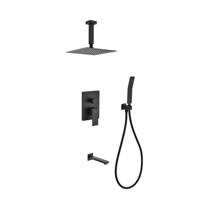 Kube Bath BK-CR200HHTF3V Aqua Piazza Matte Black Shower Set with 8" Ceiling Mount Square Rain Shower, Handheld and Tub Filler
