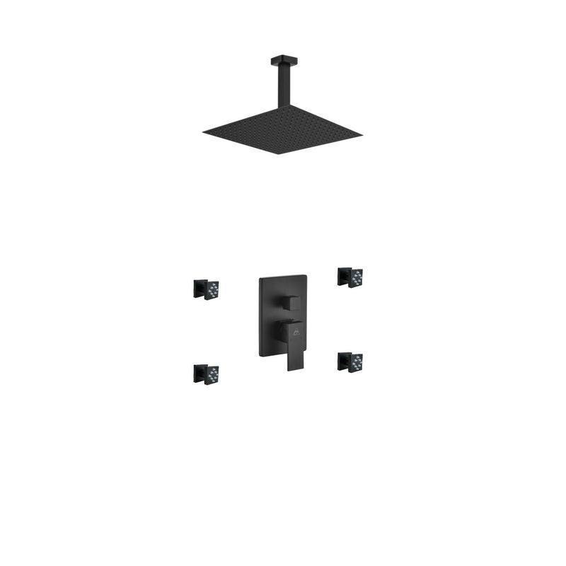 Kube Bath BK-CR3004J2V Aqua Piazza Matte Black Shower Set with 12" Ceiling Mount Square Rain Shower and 4 Body Jets