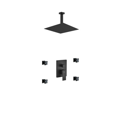 Kube Bath BK-CR3004J2V Aqua Piazza Matte Black Shower Set with 12" Ceiling Mount Square Rain Shower and 4 Body Jets