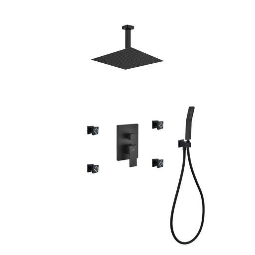 Kube Bath BK-CR3004JHH3V Aqua Piazza Matte Black Shower Set with 12" Ceiling Mount Square Rain Shower, 4 Body Jets and Handheld