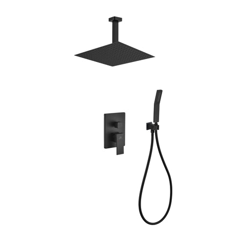 Kube Bath BK-CR300HH2V Aqua Piazza Matte Black Shower Set with 12" Ceiling Mount Square Rain Shower and Handheld