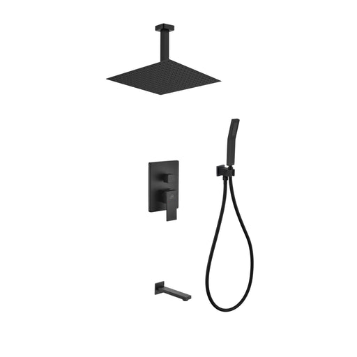 Kube Bath BK-CR300HHTF3V Aqua Piazza Matte Black Shower Set with 12" Ceiling Mount Square Rain Shower, Handheld and Tub Filler