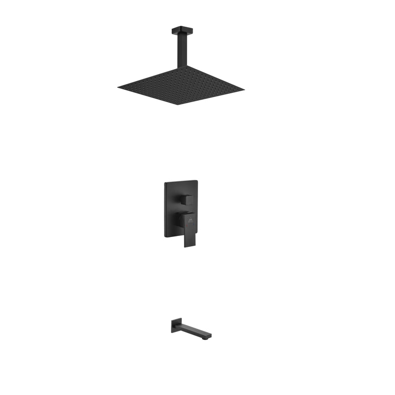 Kube Bath BK-CR300TF2V Aqua Piazza Matte Black Shower Set with 12" Ceiling Mount Square Rain Shower and Tub Filler