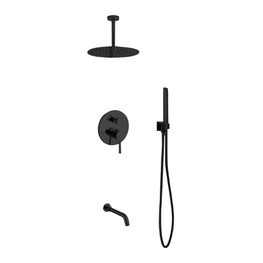 Kube Bath BK-RCR12HHTF3V Aqua Rondo Matte Black Shower Set with Ceiling Mount 12" Rain Shower, Handheld and Tub Filler