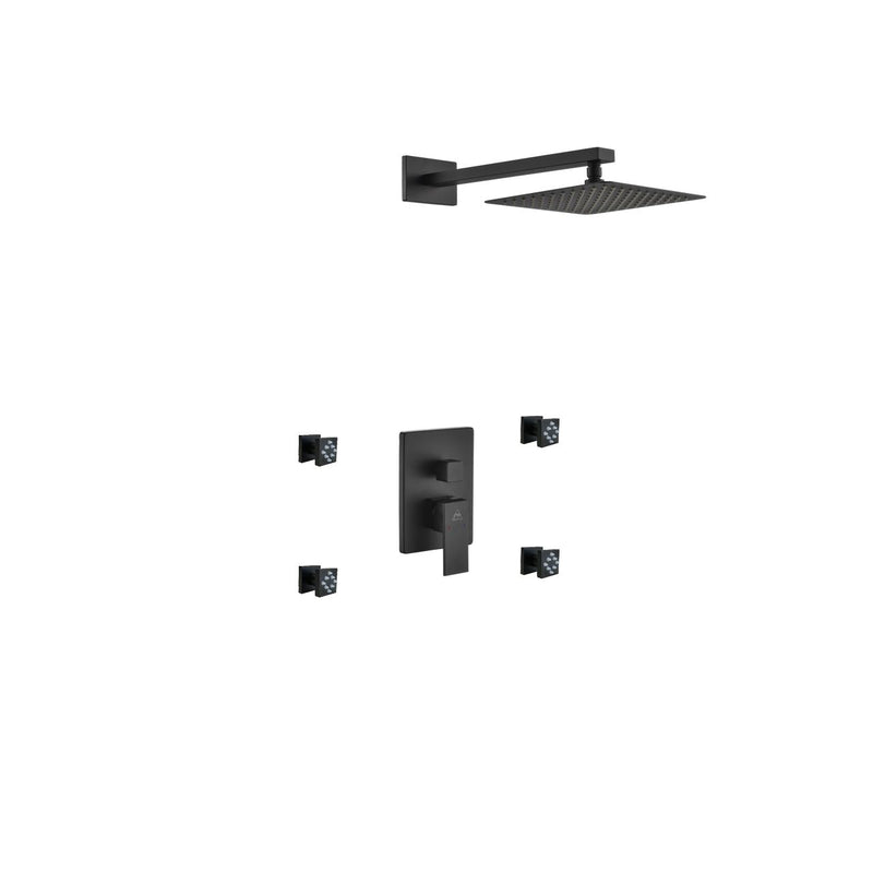 Kube Bath BK-WR2004J2V Aqua Piazza Matte Black Shower Set with 8" Square Rain Shower and 4 Body Jets