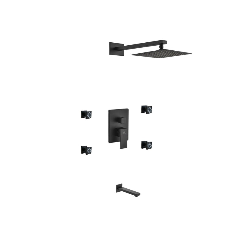 Kube Bath BK-WR2004JTF3V Aqua Piazza Matte Black Shower Set with 8" Square Rain Shower, 4 Body Jets and Tub Filler