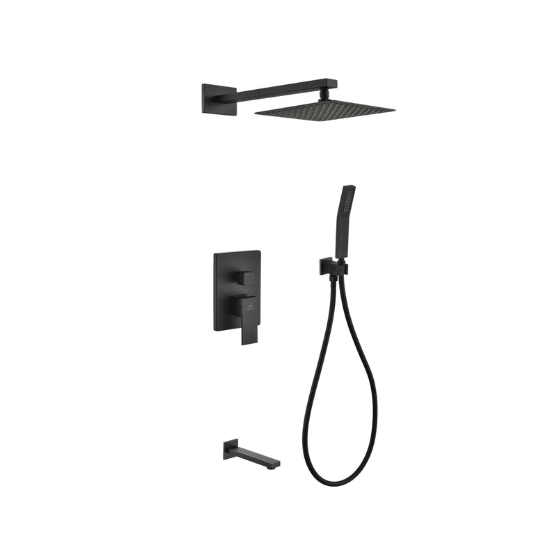 Kube Bath BK-WR200TFHH3V Aqua Piazza Matte Black Shower Set with 8" Square Rain Shower, Tub Filler and Handheld