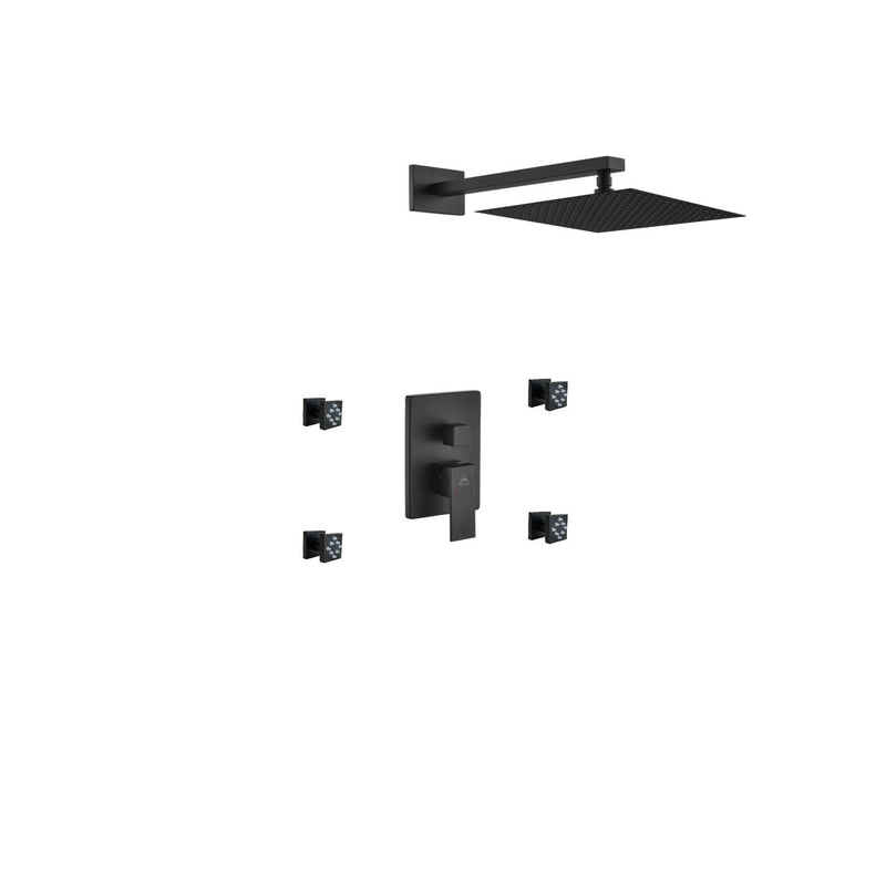 Kube Bath BK-WR3004J2V Aqua Piazza Matte Black Shower Set with 12" Square Rain Shower and 4 Body Jets