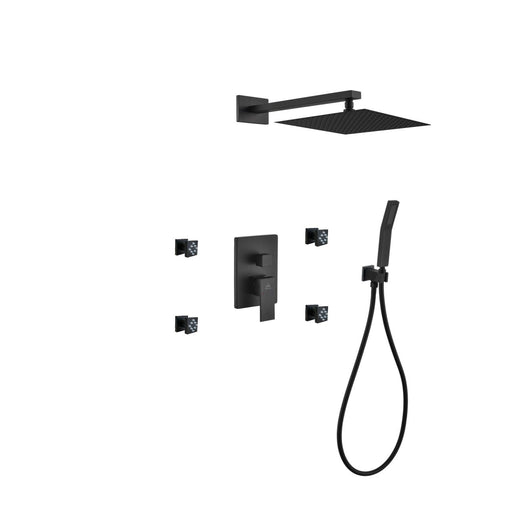 Kube Bath BK-WR3004JHH3V Aqua Piazza Matte Black Shower Set with 12" Square Rain Shower, Handheld and 4 Body Jets