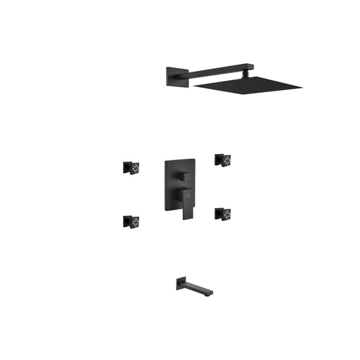 Kube Bath BK-WR3004JTF3V Aqua Piazza Matte Black Shower Set with 12" Square Rain Shower, Tub Filler and 4 Body Jets