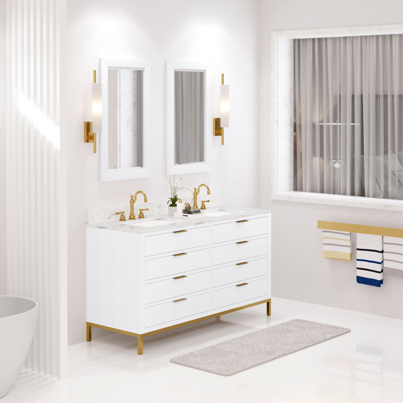 BR60CW06PW - Bristol 60 In. Double Sink Pre-Assembled Modern Style Bathroom Vanity With 1" Carrara White Marble Top