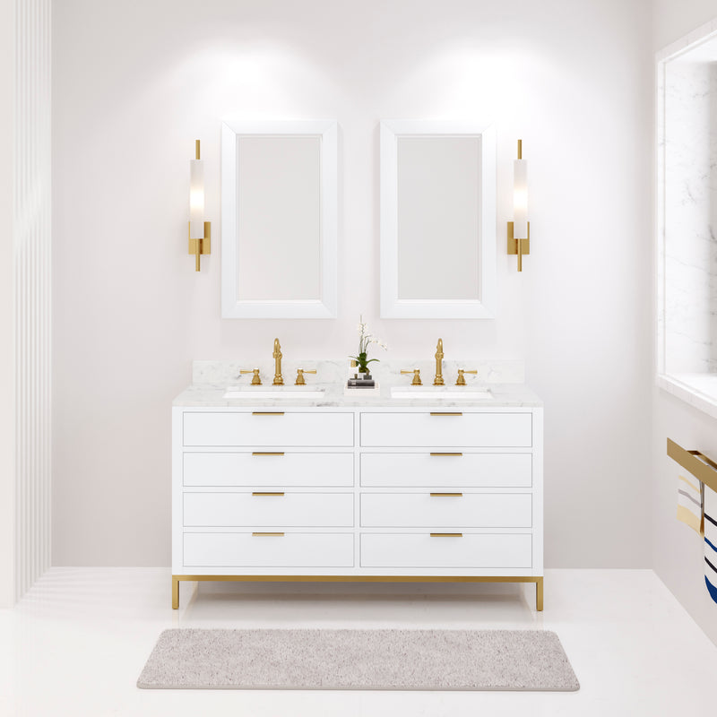 BR60CW06PW - Bristol 60 In. Double Sink Pre-Assembled Modern Style Bathroom Vanity With 1" Carrara White Marble Top