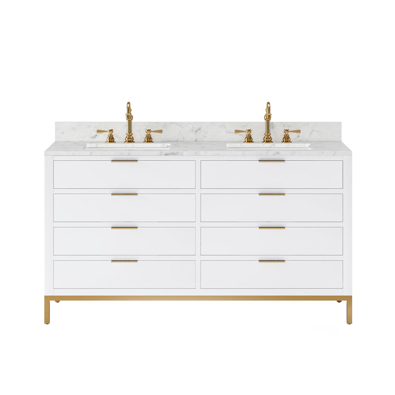 BR60CW06PW - Bristol 60 In. Double Sink Pre-Assembled Modern Style Bathroom Vanity With 1" Carrara White Marble Top