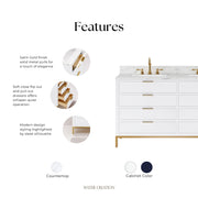 BR60CW06PW - Bristol 60 In. Double Sink Pre-Assembled Modern Style Bathroom Vanity With 1" Carrara White Marble Top
