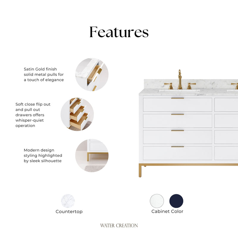 BR60CW06PW - Bristol 60 In. Double Sink Pre-Assembled Modern Style Bathroom Vanity With 1" Carrara White Marble Top