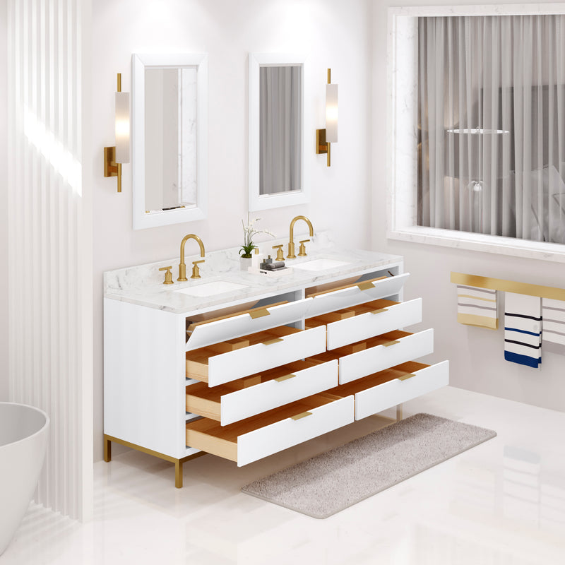 BR72CW06PW - Bristol 72 In. Double Sink Pre-Assembled Modern Style Bathroom Vanity With 1" Carrara White Marble Top