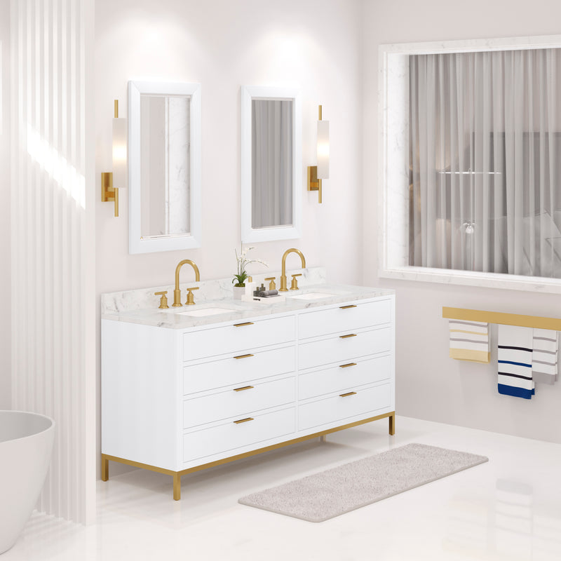 BR72CW06PW - Bristol 72 In. Double Sink Pre-Assembled Modern Style Bathroom Vanity With 1" Carrara White Marble Top