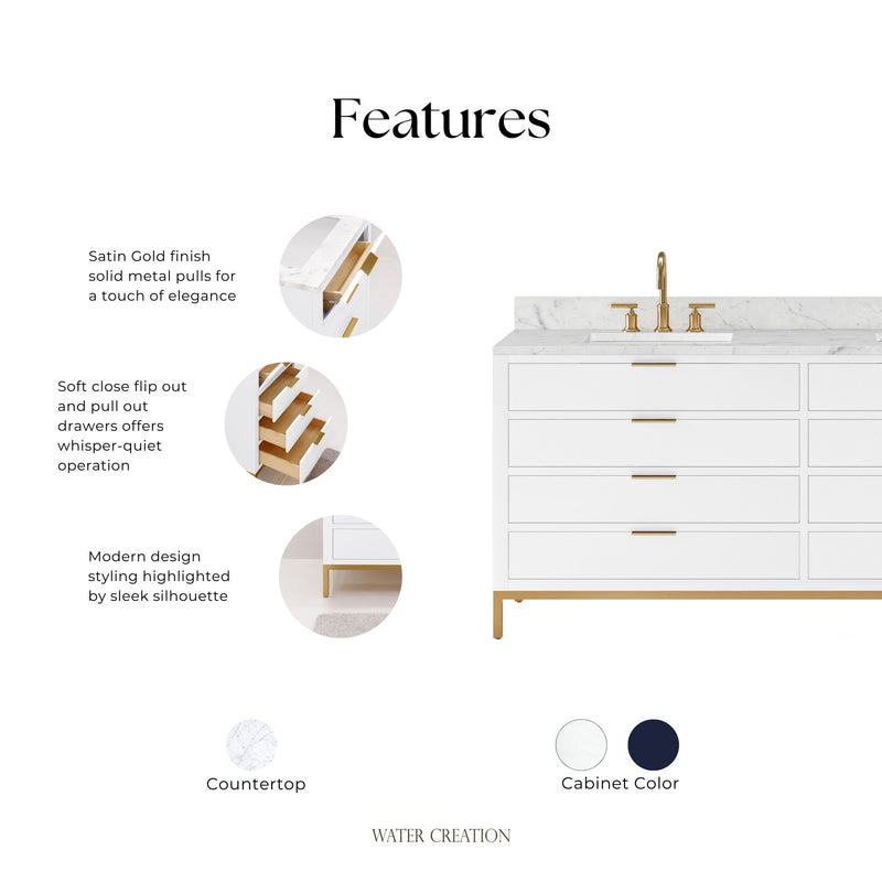 BR72CW06PW - Bristol 72 In. Double Sink Pre-Assembled Modern Style Bathroom Vanity With 1" Carrara White Marble Top
