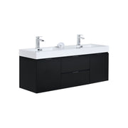 Kube Bath BSL60D-BK Bliss 60" Black Wall Mount Double Sink Bathroom Vanity with Reinforced Acrylic Composite Top