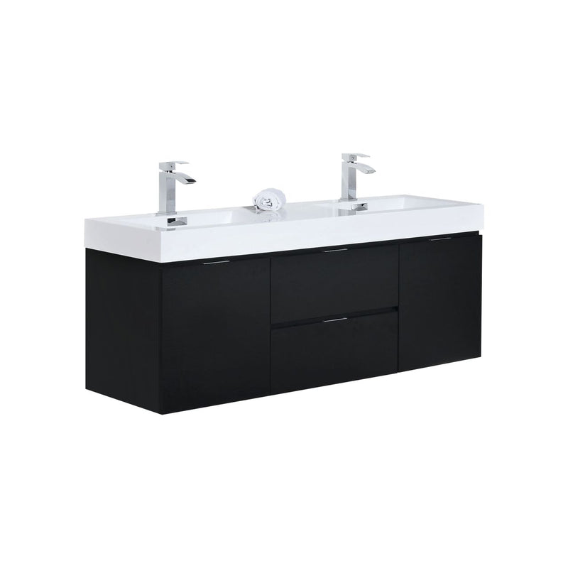 Kube Bath BSL60D-BK Bliss 60" Black Wall Mount Double Sink Bathroom Vanity with Reinforced Acrylic Composite Top