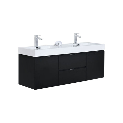 Kube Bath BSL60D-BK Bliss 60" Black Wall Mount Double Sink Bathroom Vanity with Reinforced Acrylic Composite Top