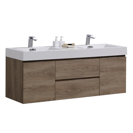 Kube Bath BSL60D-BTN Bliss 60" Butternut Wall Mount Double Sink Bathroom Vanity with Reinforced Acrylic Composite Top