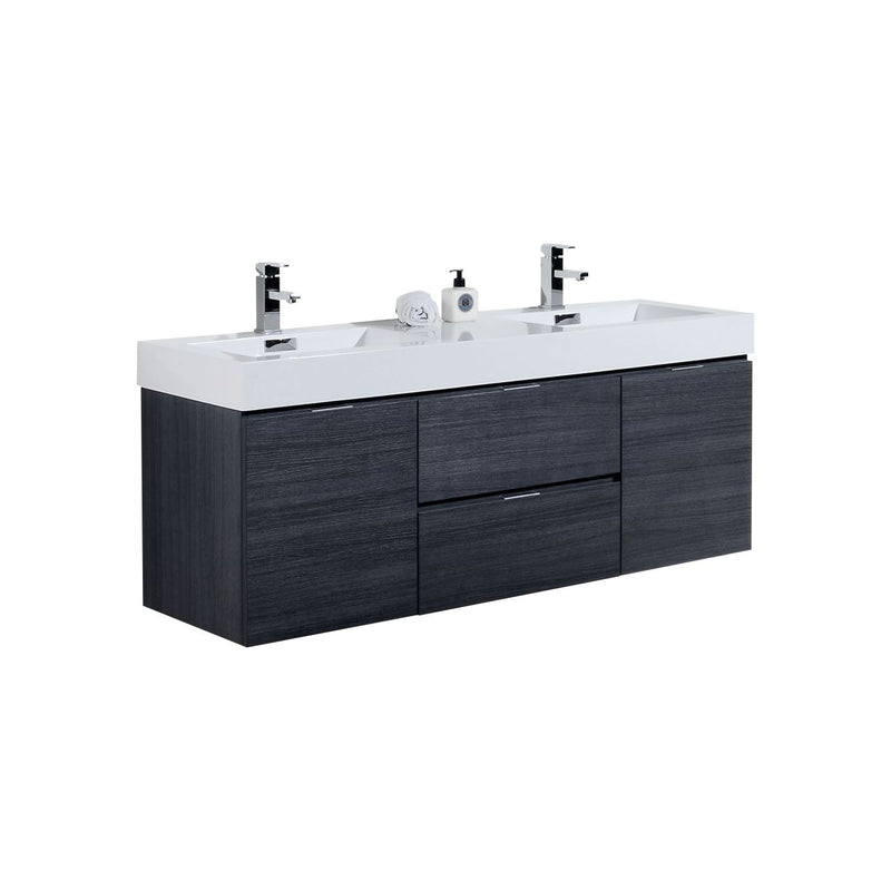 Kube Bath BSL60D-GO Bliss 60" Gray Oak Wall Mount Double Sink Bathroom Vanity with Reinforced Acrylic Composite Top
