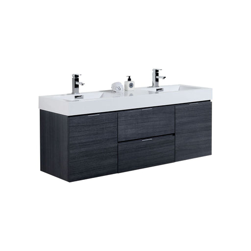 Kube Bath BSL60D-GO Bliss 60" Gray Oak Wall Mount Double Sink Bathroom Vanity with Reinforced Acrylic Composite Top