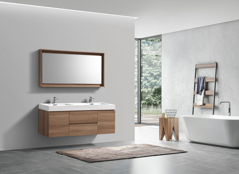Kube Bath BSL60D-HO Bliss 60" Honey Oak Wall Mount Double Sink Bathroom Vanity with Reinforced Acrylic Composite Top