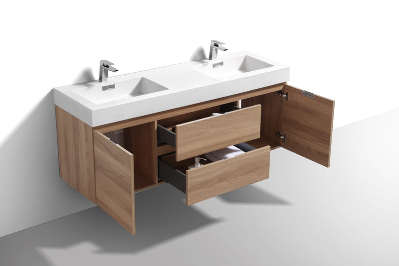Kube Bath BSL60D-HO Bliss 60" Honey Oak Wall Mount Double Sink Bathroom Vanity with Reinforced Acrylic Composite Top - view 3