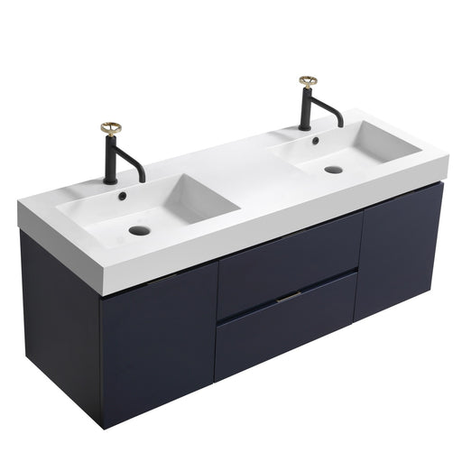 Kube Bath BSL60D-BLUE Bliss 60" Blue Wall Mount Double Sink Bathroom Vanity with Reinforced Acrylic Composite Top